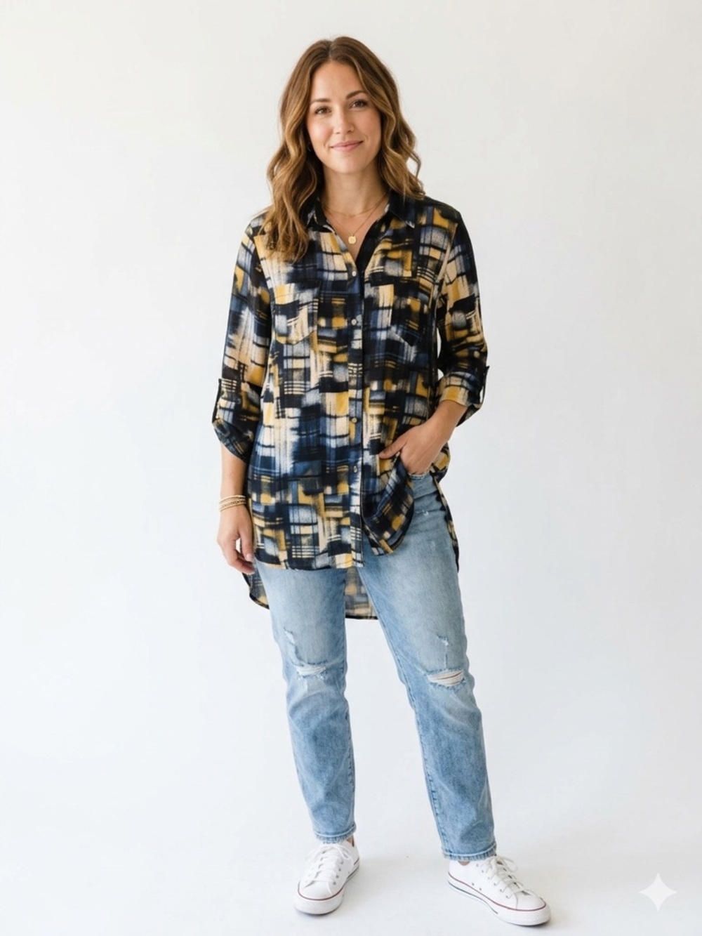 New Directions Abstract Print Blouse M Button Down Tunic Shirt